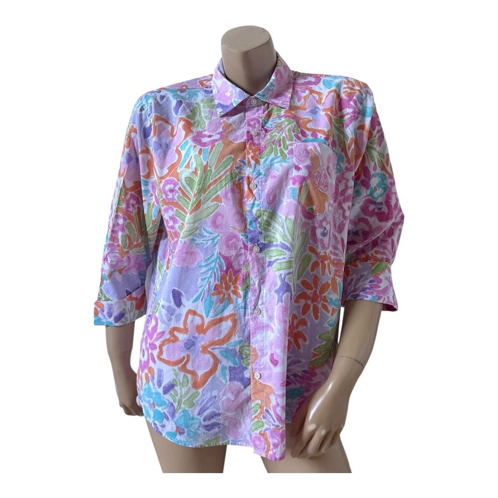 Lauren Ralph Lauren Floral Shirt Womens L Button Front Cotton Cuffed 3/4 Sleeve